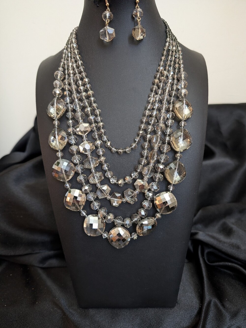 #35.Five Strand Smoky Glass Crystal Necklace & Earrings